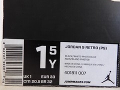 NIKE AIR JORDAN 9 RETRO (PS) BLACK-WHITE-PHOTO BLUE SZ 1.5Y [401811-007]