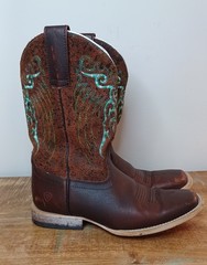 Ariat Brown & Teal Leather Square Toe Cowboy/Cowgirl Boots Youth Sz 3 10019918