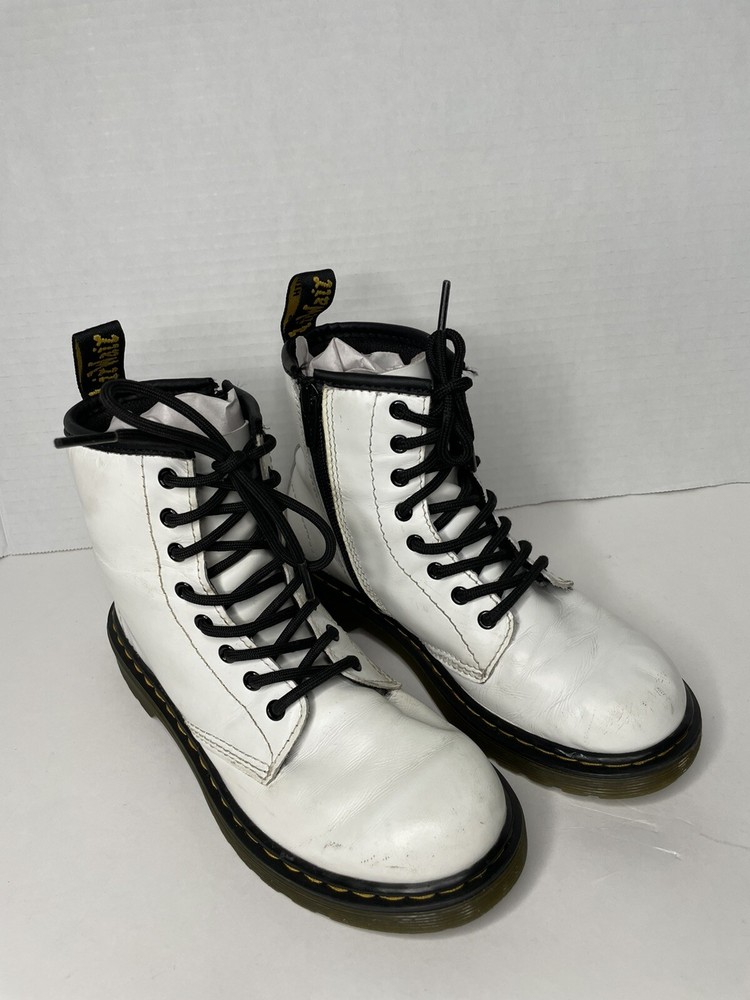DR DOC MARTENS 1460J COMBAT BOOTS YOUTH WHITE LEATHER LACE UP SIDE ZIP SIZE 2