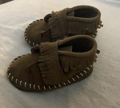 Baby Toddler Brown Leather Moccasins White Stitching Fringe Size 3