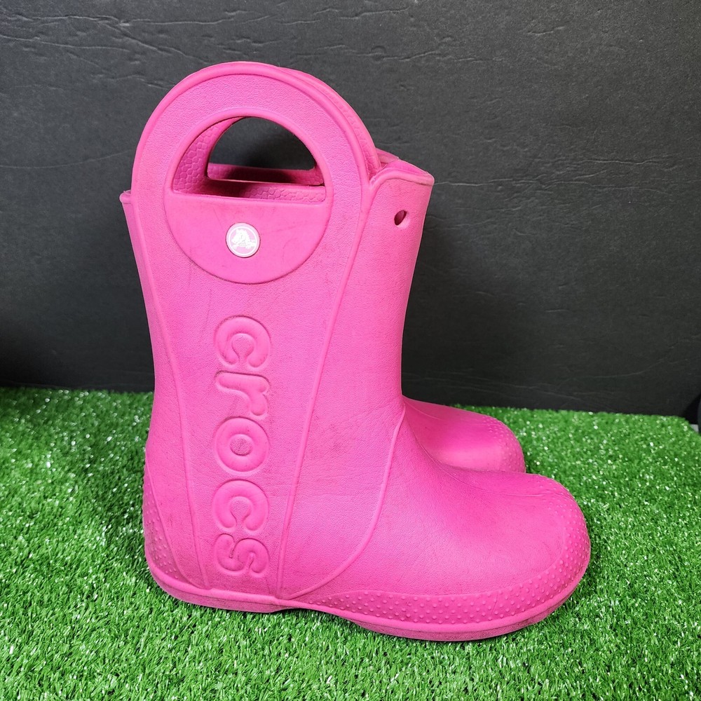 Size J3 Crocs Kids Rain Boots Hot Pink Handle Pull On 12803