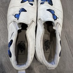 Blue Butterfly White Slip On Vans – Custom Painted Vans Shoes Youth Size 5