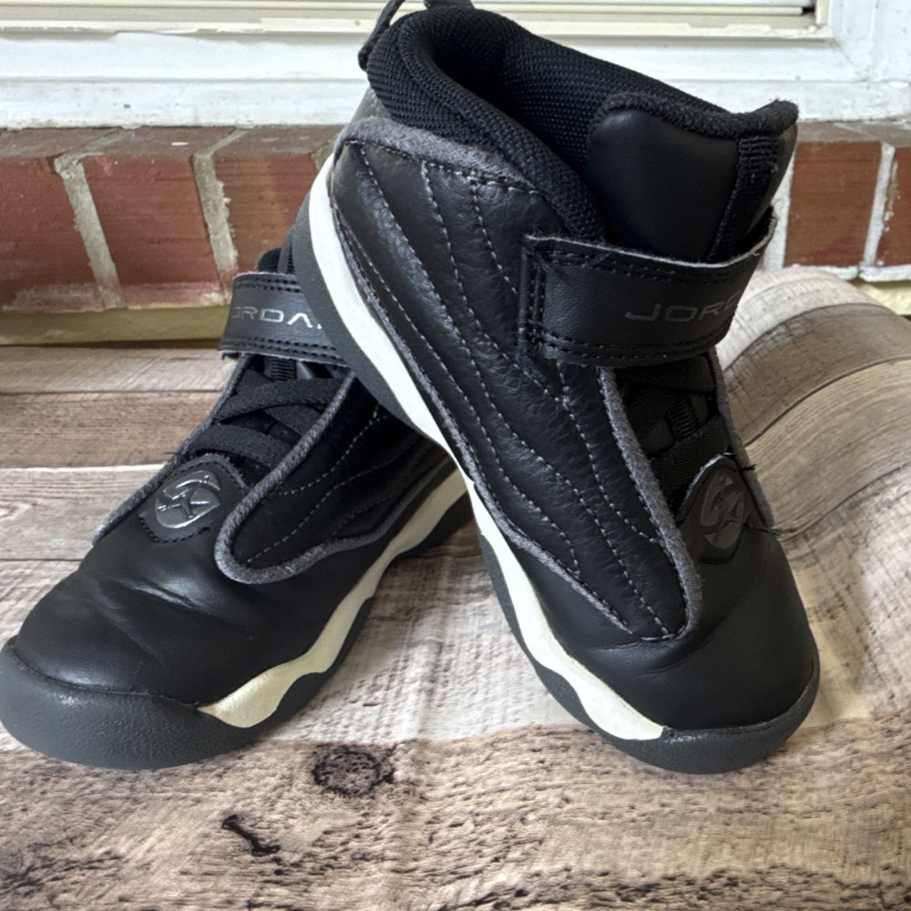 Jordan Pro Strong Black White Leather High Top Kids Hook & Loop Lace Up Sneakers