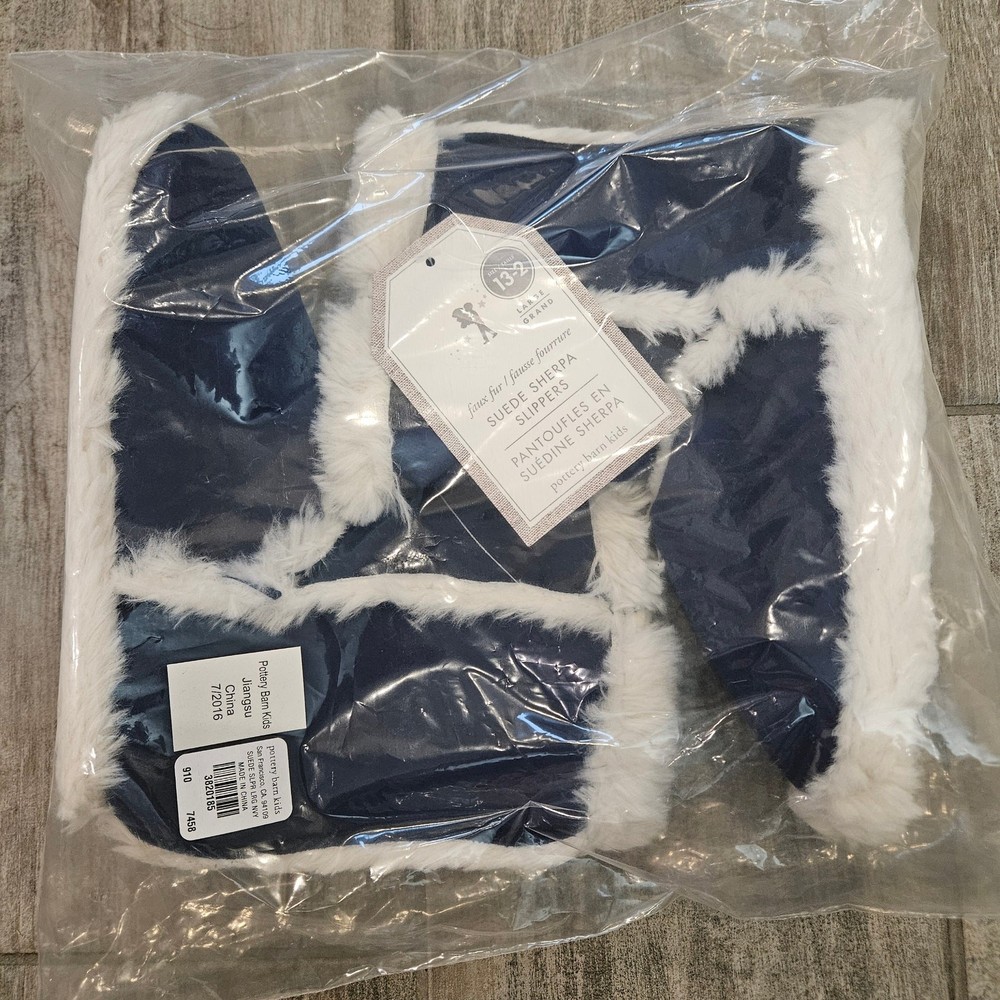 Pottery Barn Kids Suede Sherpa Slippers Size 13-2 Navy Cozy Winter NEW Holiday