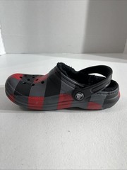 Crocs Classic Lined Red Gray Black Plaid Clog Sz J1