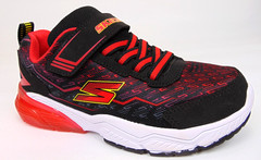 NEW! SKECHERS Kids Hook & Loop Low Top Athletic Sneakers, Size 1.0 K, Black Red