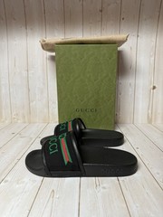 Gucci Embroidered Stripe Logo Canvas Slide Sandals Black Multicolor Sz 31 / 13