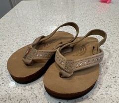 Rainbow Flirty Braidy Kids Flip Flops Brown Leather Rhinestone Back Strap US 5