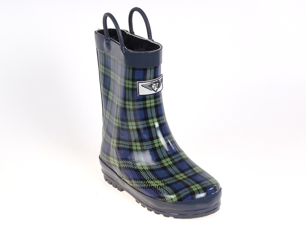 Plaid Rain Boots Shoes Kids Size 1 Blue Green Waterproof Rubber Pull On Warm