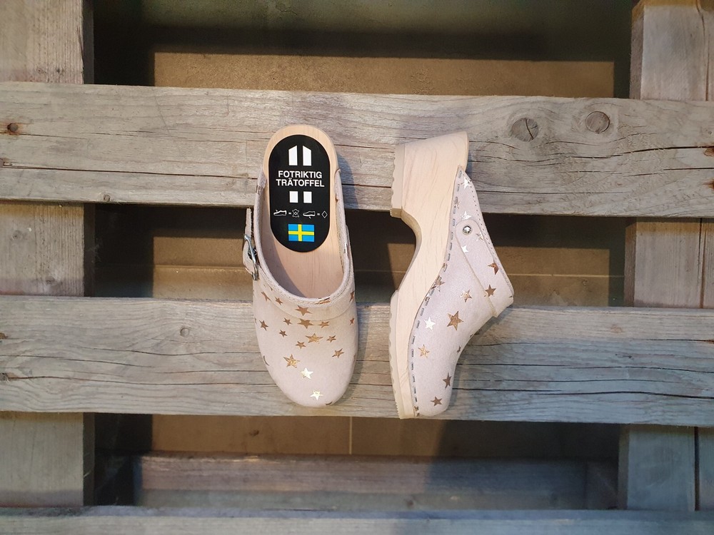 Classic Swedish Clogs for Kids Maguba Beige Suede with Stars