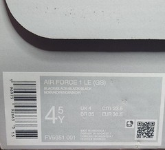 BOYS GRADE SCHOOL NIKE AIR FORCE 1 LE BIG KIDS_BLACK/BLACK FV5951-001-SIZE 4.5