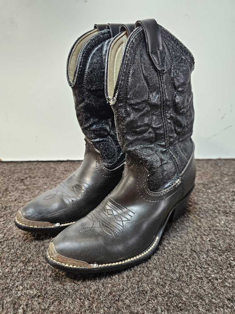Acme Circle A Black Leather Kids Cowboy Boots Silver Toe Tips Size 3D