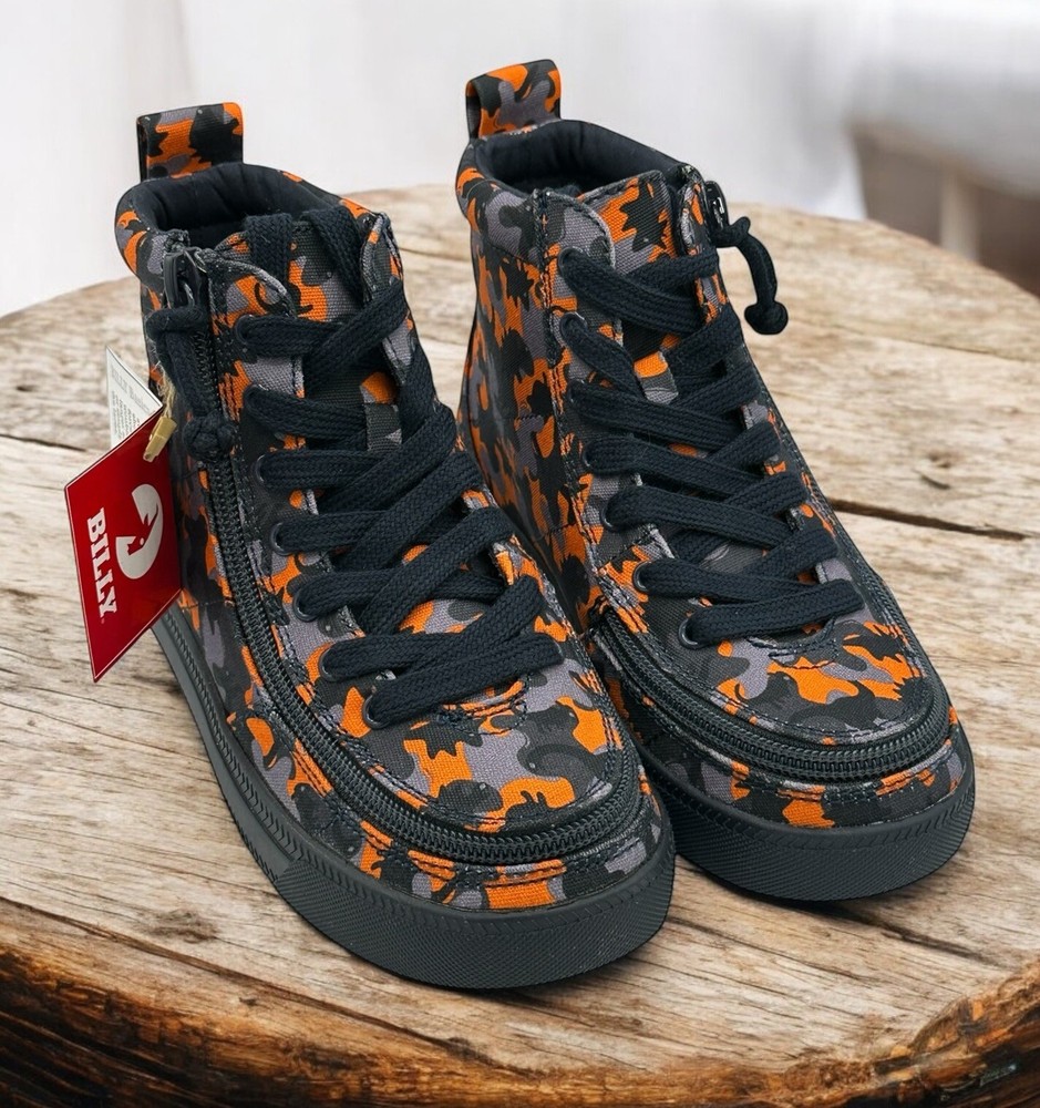New BILLY Footwear Classic Lace High Kids Shoes Size 13 Zip Orange Black Camo