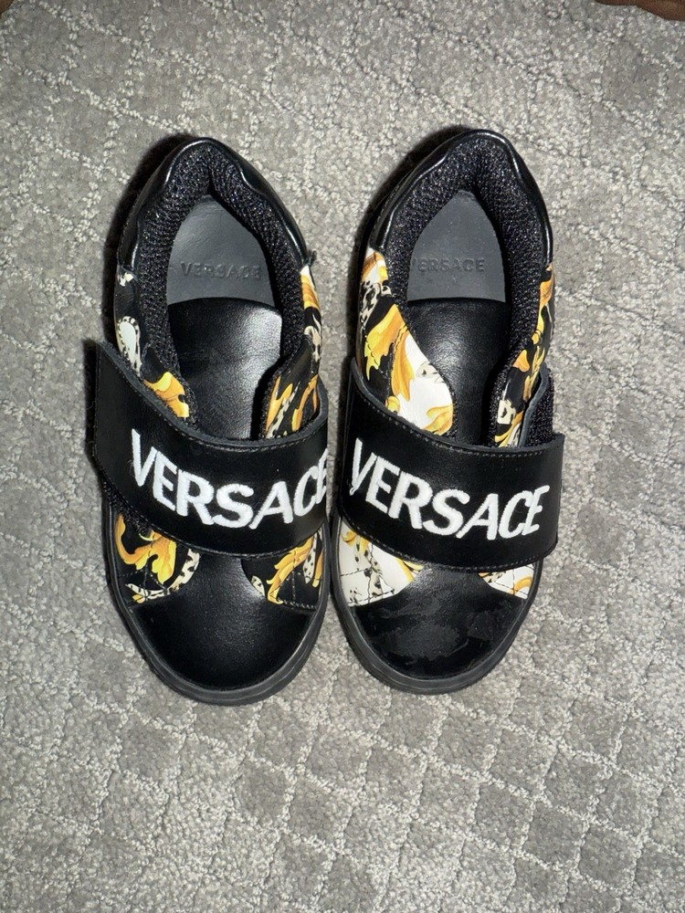Versace Unisex Kids Sneakers Black Baroque Logo Hook & Loop Flat EU 24