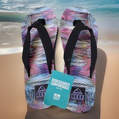 NWT Reef Kid’s AHI Flip Flop Size 5 Palm Fronds Tropical Purple Pink Blue Logo