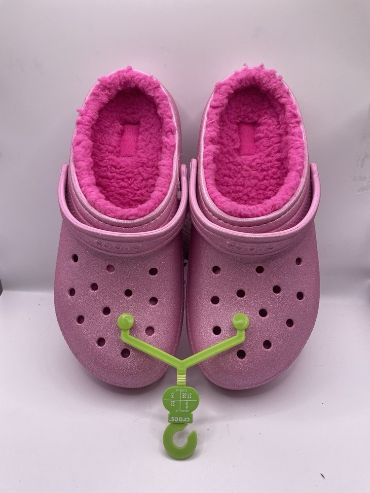 Crocs Classic Lined Glitter Clog K Pink Sparkle Fuzzy Shoes J5 207462-6WY NEW
