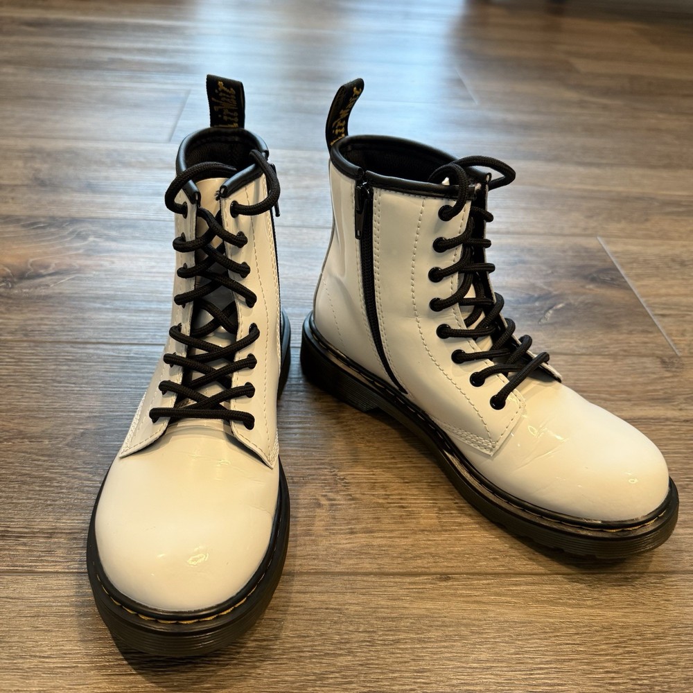 Dr. Martens, Junior 1460 White Patent Leather Lace-up Boots With Side Zip, Sz 4