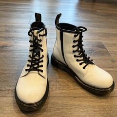 Dr. Martens, Junior 1460 White Patent Leather Lace-up Boots With Side Zip, Sz 4