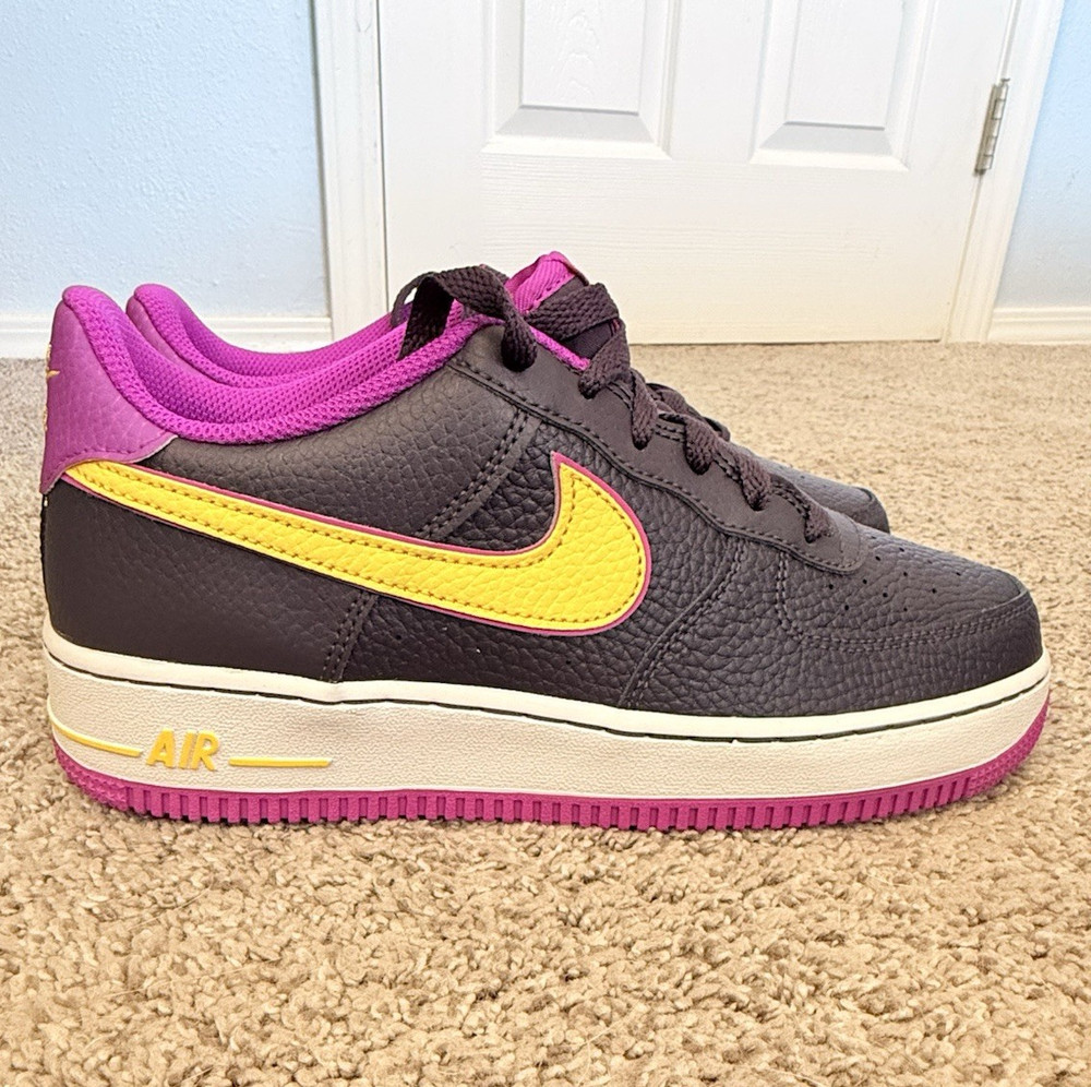 Nike Air Force 1 Unisex Kids Leather Low Top Sneaker Purple Pink Yellow 7Y