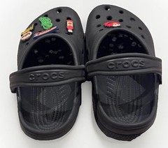 Crocs Classic Clogs Black Size 4 With Authentic Jibbizt Green Croc & Hot Sauce.