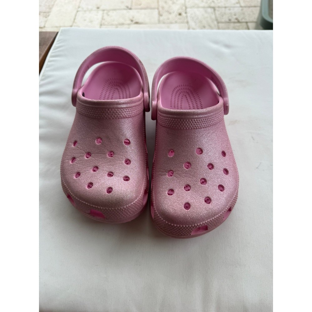 Crocs Classic Clog Pink Glitter Sparkle Slip On Shoes Kids Junior Size J4