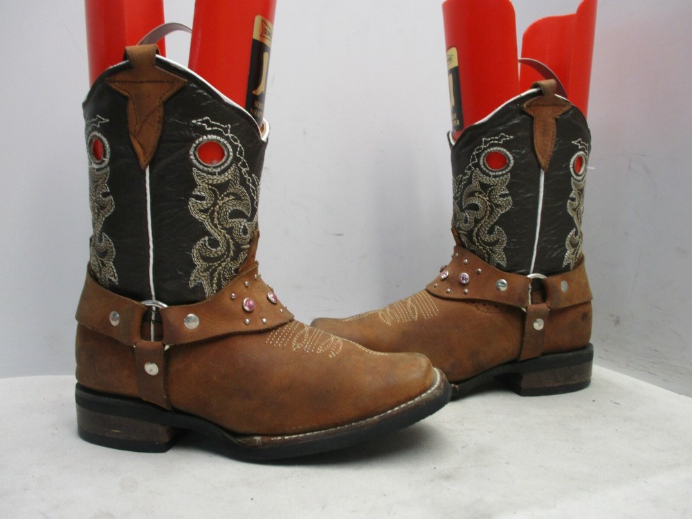 Brown Leather Square Toe Harness Jeweled Cowboy Boots Youth Size 19.5 Mexico