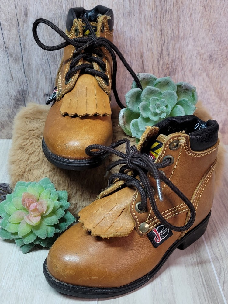 Justin Kids Kiltie Roper Boots Brown Leather Lace Up Western Size 4.5D