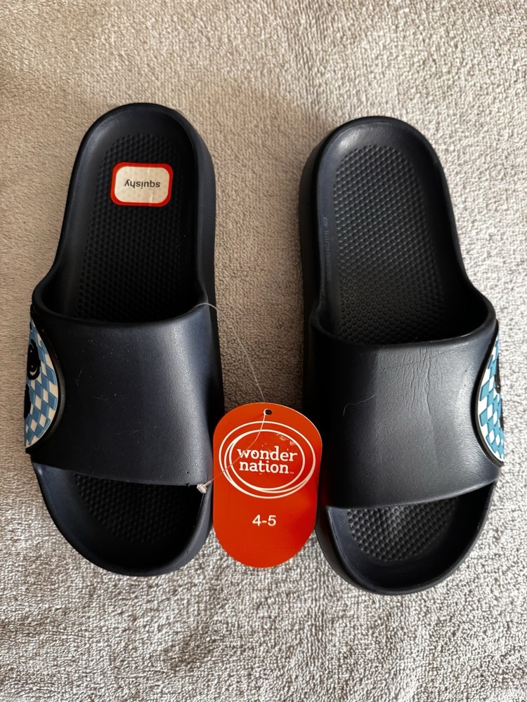 Wonder Nation Black Blue White Geometric Slide Sandals Unisex Kids Size 4-5