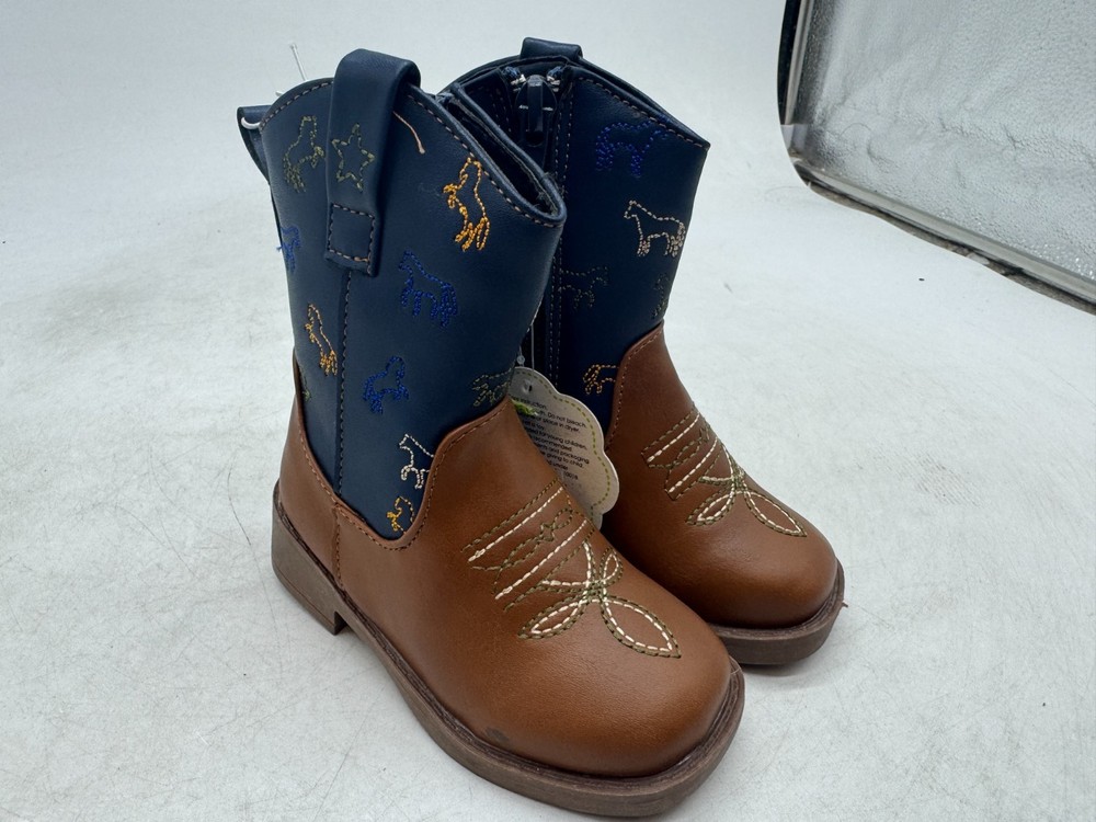 First Steps Cowboy Boots Kid’s Brown Leather Side Zip Square Toe Western – UK 4