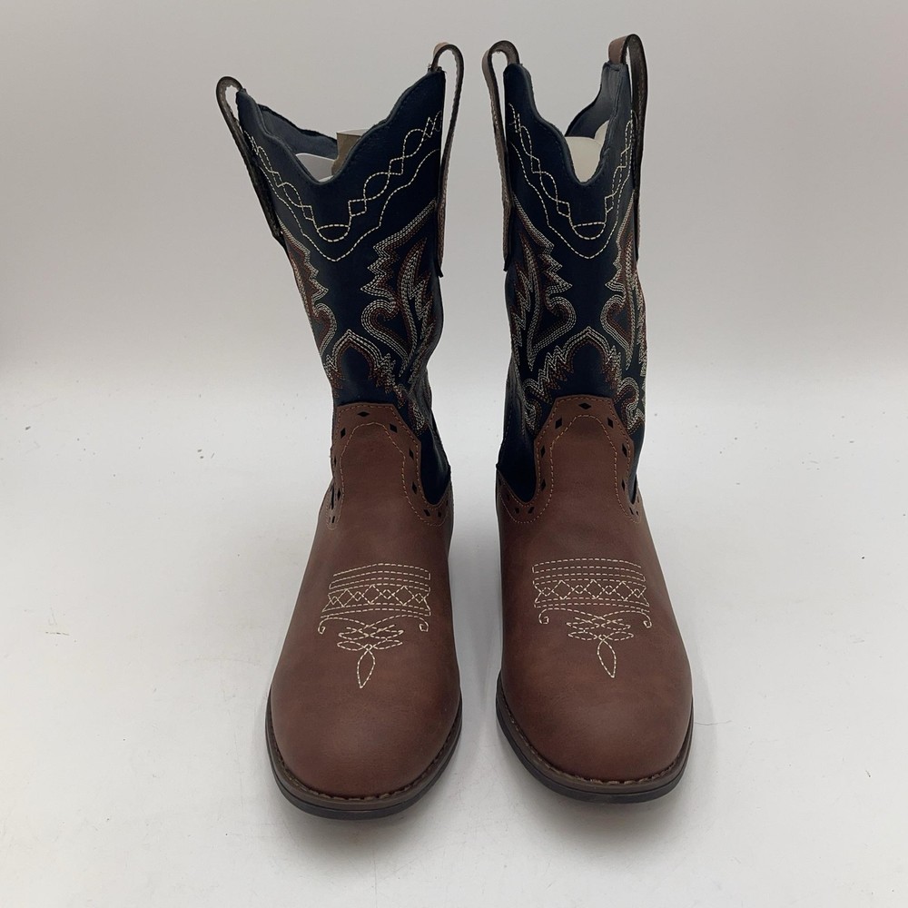 Rollda Western Boots Kids Size 5 Brown Navy Embroidered Pull On Mid Calf NZX12