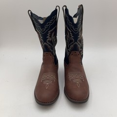 Rollda Western Boots Kids Size 5 Brown Navy Embroidered Pull On Mid Calf NZX12