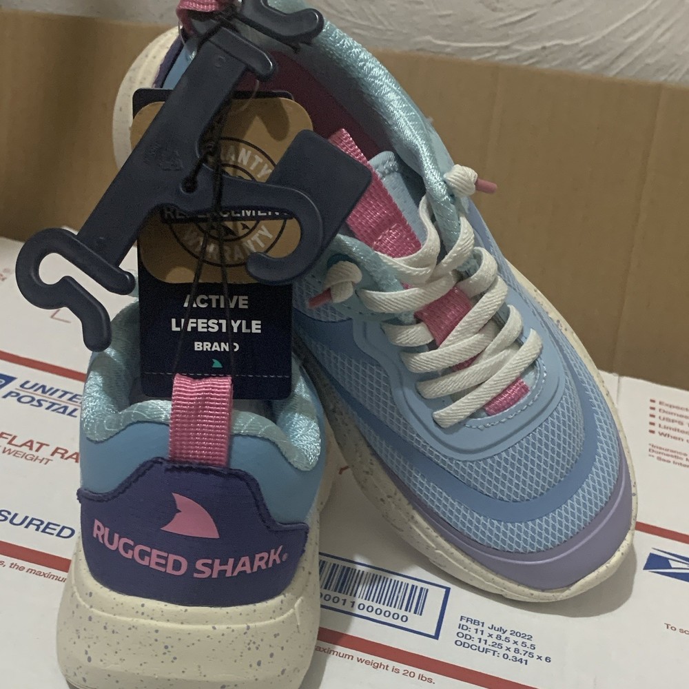 Rugged Shark Blue Pink Purple White Unisex Kids Sneaker US 1 Lace-Up Low Top