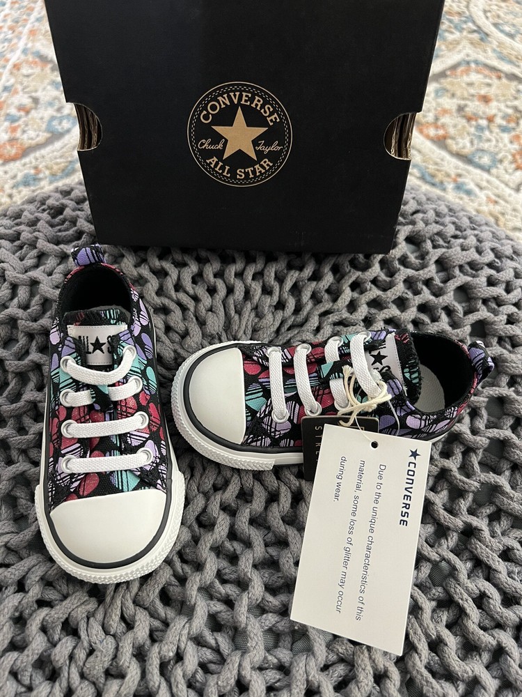 CONVERSE HEARTS GLITTER LOW TOP SHOES 6 INFANT YOUTH NEW NWB BLACK RAINBOW