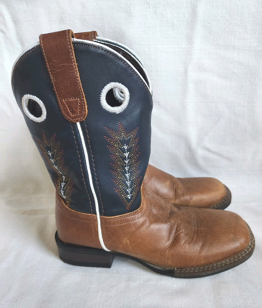 Roper Little Kids Leather Cowboy Boots Embroidered Western Brown And Blue Size 3