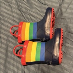 Magellan Kids Rainbow Waterproof Rubber Rain Boots 5D Striped Pull On Mid-Calf