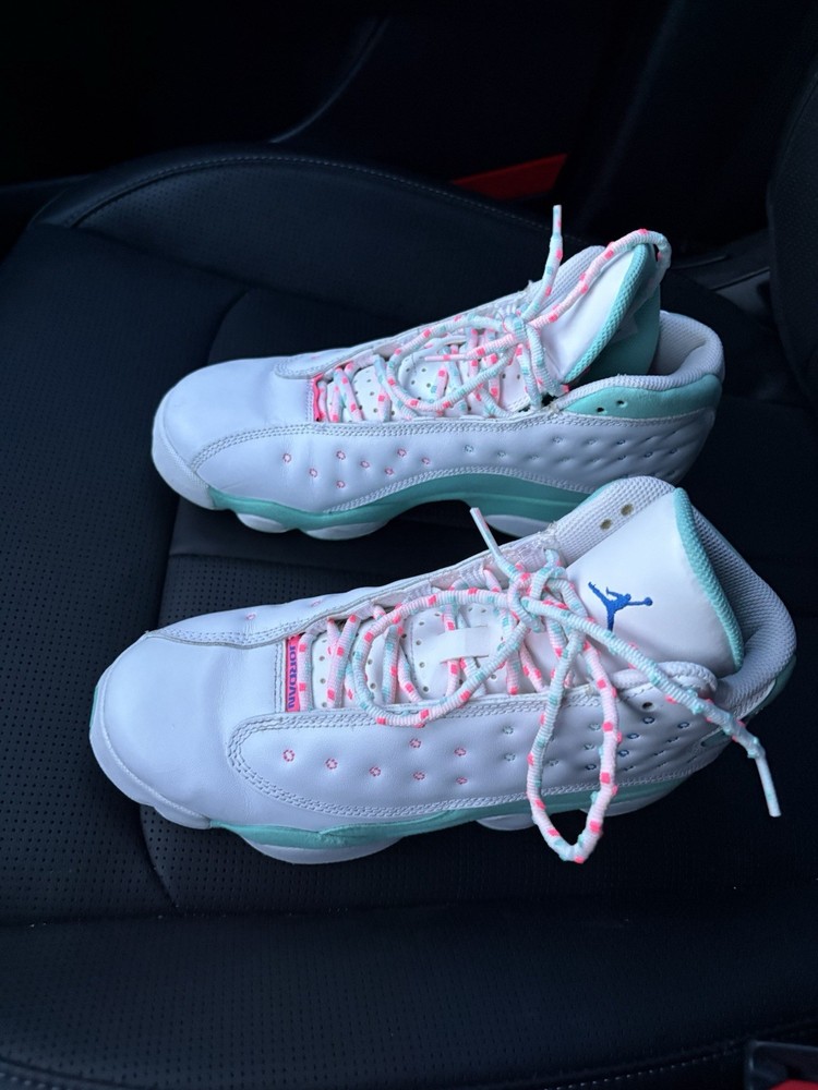 Jordan Air Jordan 13 Retro White Mint Green Pink Leather Kids High Top Sneakers
