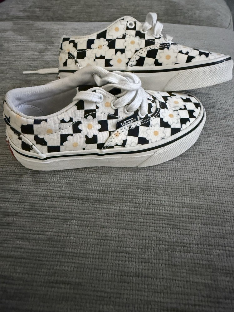 VANS Sunflower Checkerboard Kids Sneakers White Black Yellow Floral Canvas