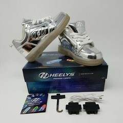 Heelys Premium Lights Lo Light Up Wheeled Shoes Sneakers Chrome Silver Youth 1