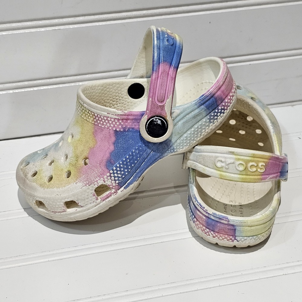 Crocs Childrens C 10 Clogs Ice Blue Pink Yellow Iconic Comfort Crocband Strap