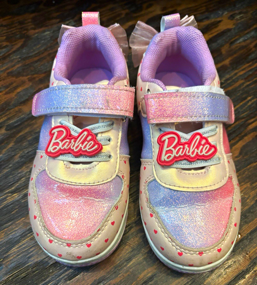 Barbie Girls Glitter Hearts Hook & Loop Sneakers Pink Purple Bow Size 9