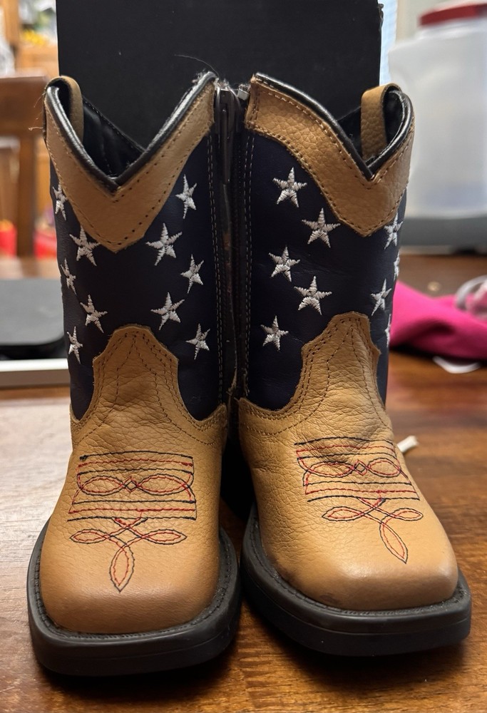 Boots Kids US 5 Leather Western Mid-Calf Zip Patriotic Stars Round Toe