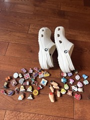 Classic White Crocs Slides Clogs Sandals Size J6 with Lots of Charms Great Cond