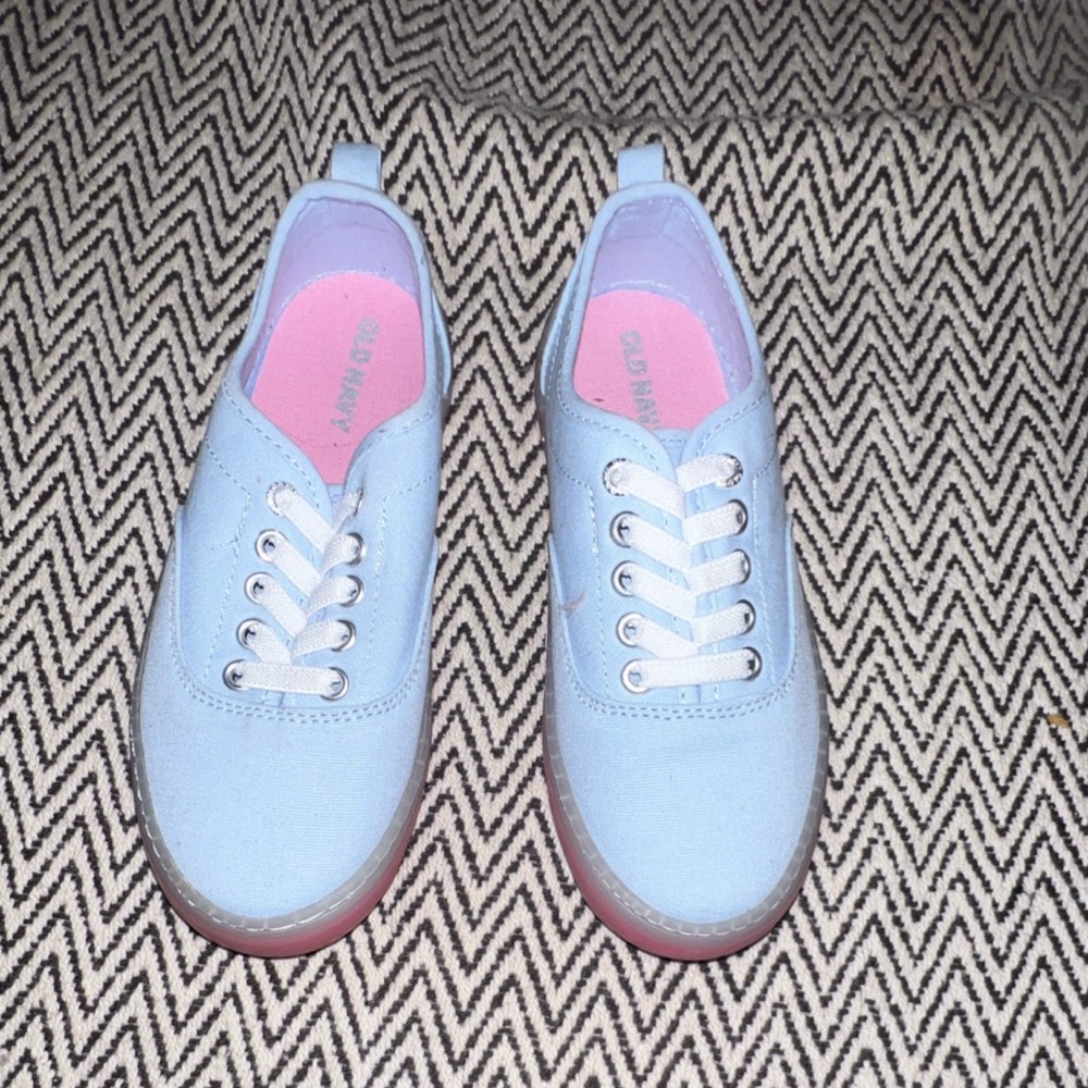Old Navy Light Blue Canvas Sneakers Pink Sole Unisex Kids Size 13 EU 19 Lace Up