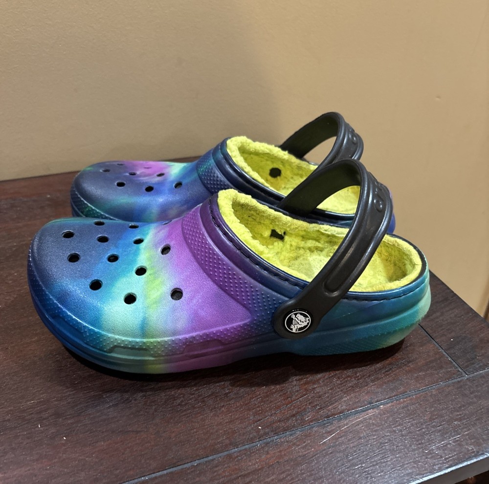 Crocs Classic Lined Clogs J 2 Kids Aurora Tie Dye Fuzzy Lined Slip On Shoes J2