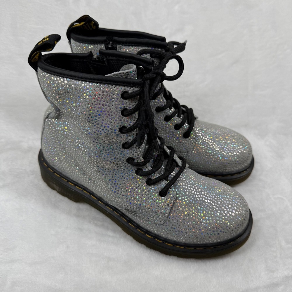 Dr. Martens 1460 Silver Holo Glitter Combat Boots Side Zip Kids Shoes M4 L5