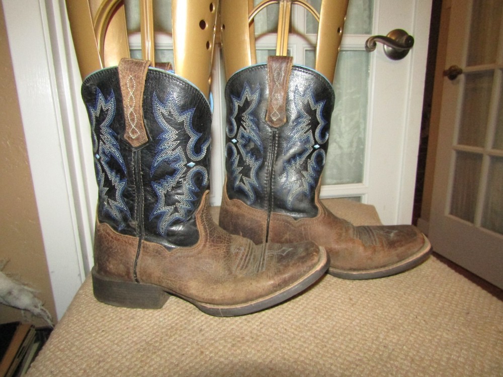 Ariat Brown & Blue Leather Square Toe Cowboy Boots Youth Size 4 Style 10012794