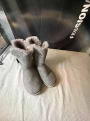 UGG Bailey Button Gray Suede Mid-Calf Boots Kids US 7 EU 38 UK 5