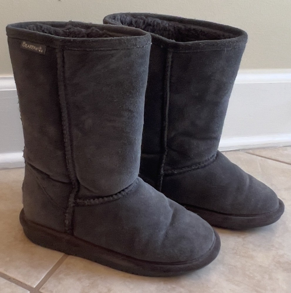 Bearpaw Pull On Youth Size 1 Gray Cow Suede Sheepskin Winter Boots UNISEX