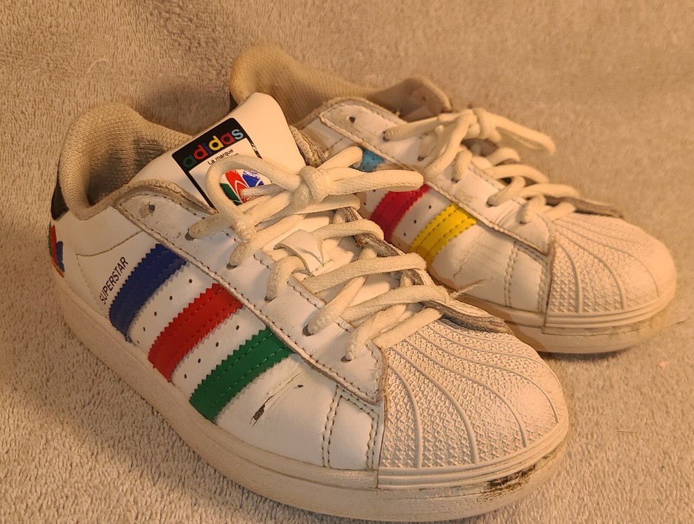 ADIDAS SUPERSTAR J White Multicolor Stripes FW5238 Size 2