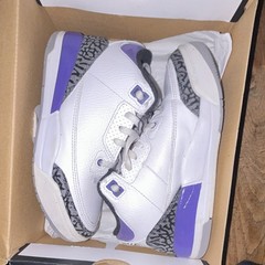 Jordan Air Jordan 3 Kids Sneaker US 1Y White/Purple/Gray Leather Mid Top